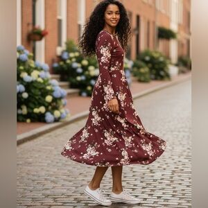 Reborn J Floral Wine Red Midi Dress - Size Medium
